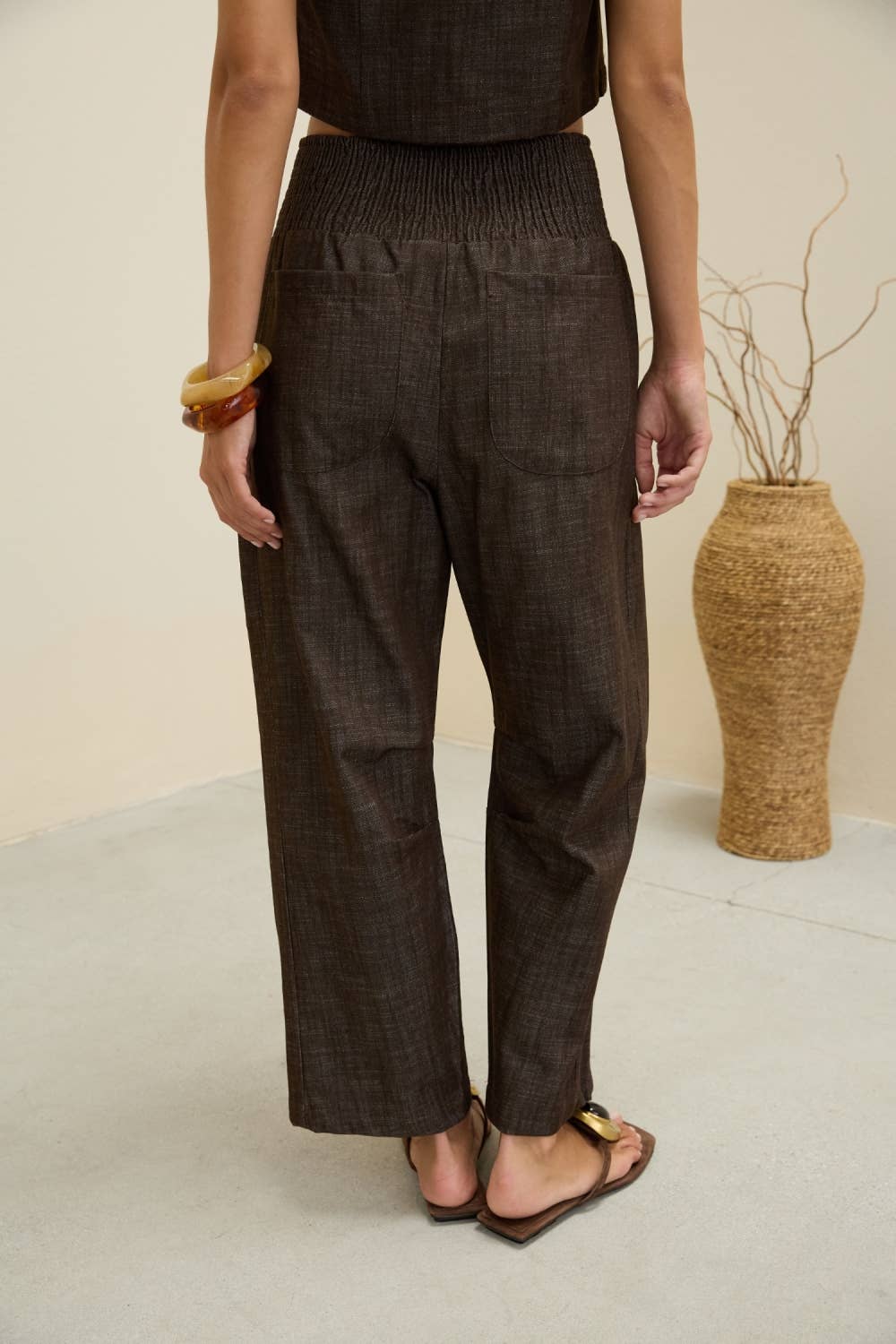 Smocked Waist Straight Leg Pants in Brown