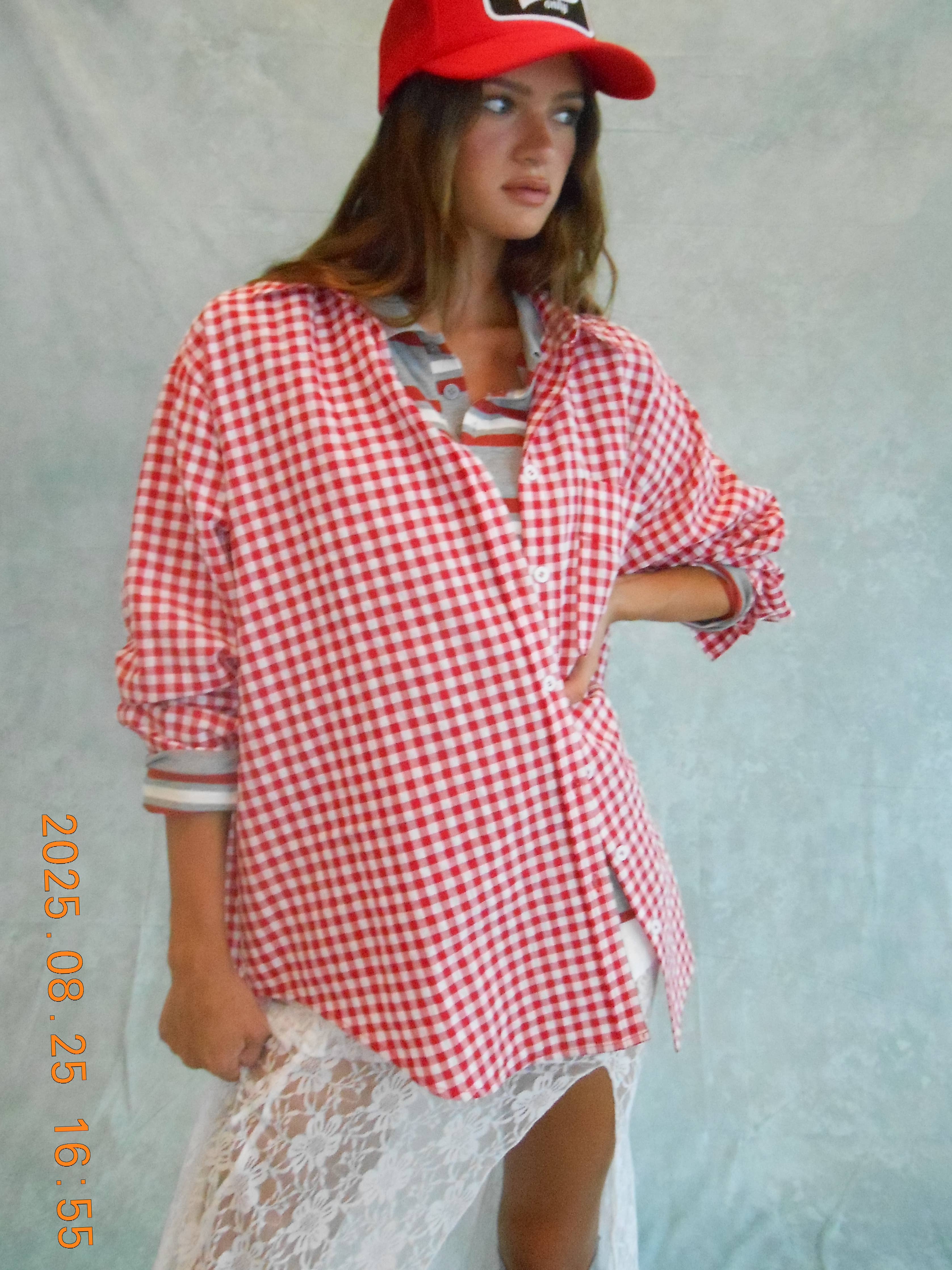 Oversized Gingham Button Down Shirt in Ruby