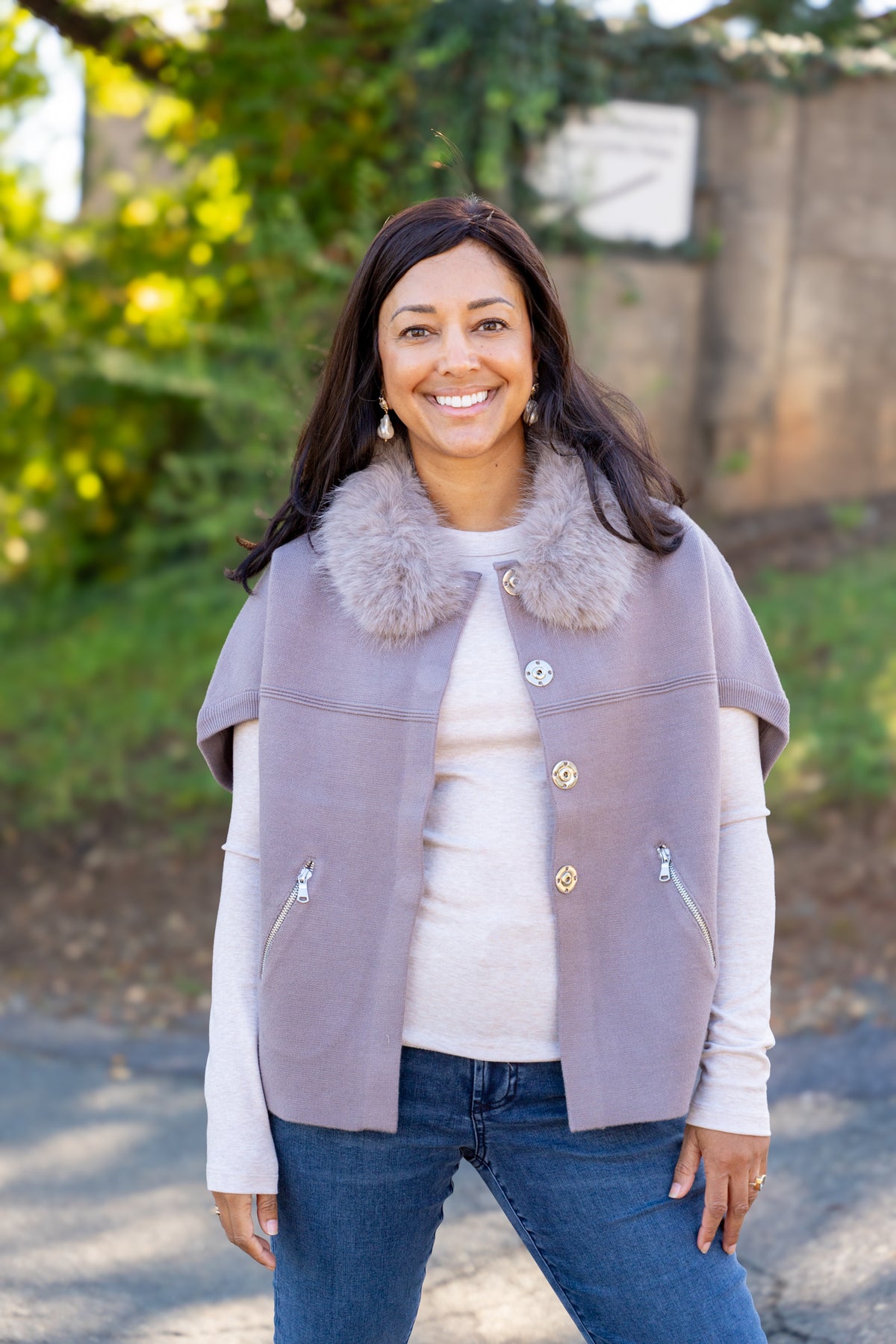The Fur Trim Cocoon Jacket in Stone
