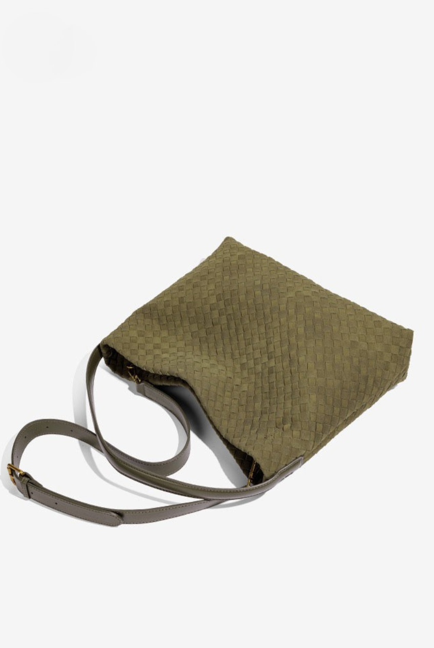 Woven Suede Hobo Crossbody Bag: Olive
