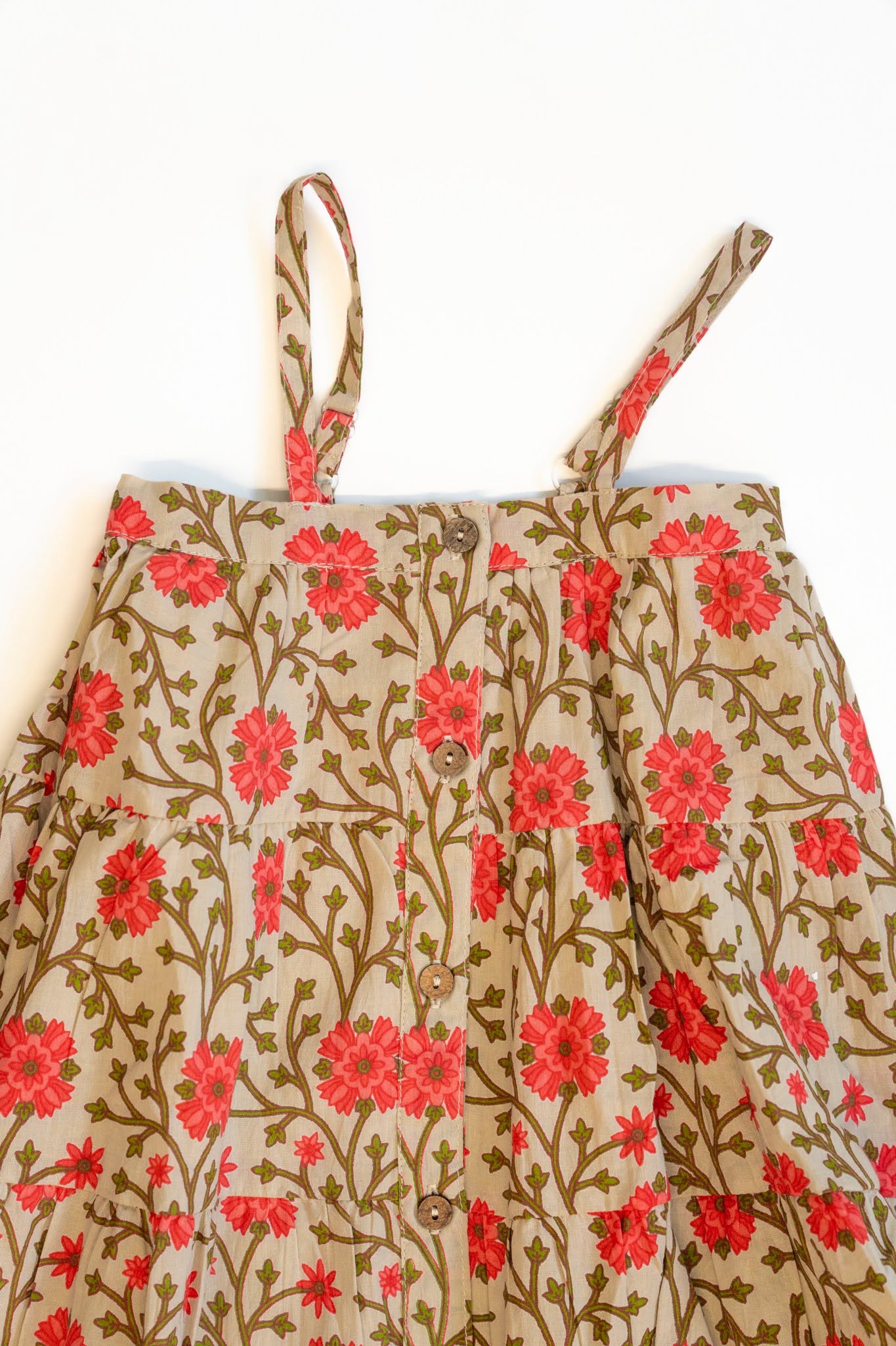 Tan & Coral Floral Spaghetti Strap Tiered Dress