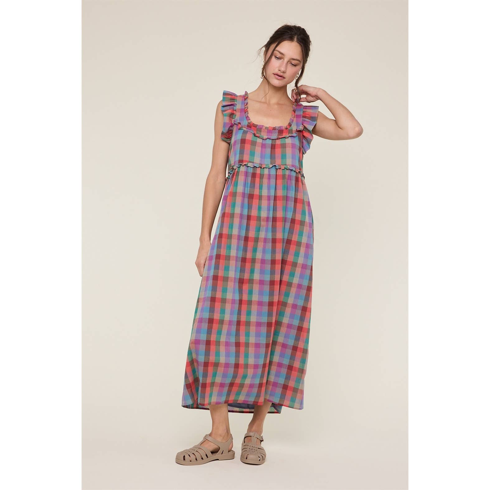 Madras Ruffle Midi Dress