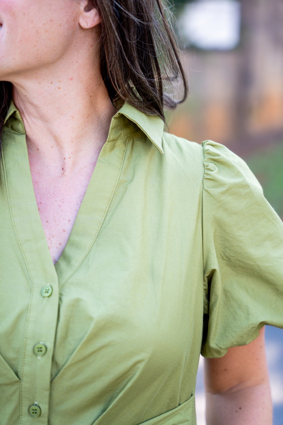 Olive Puff Sleeve Shirt Dress