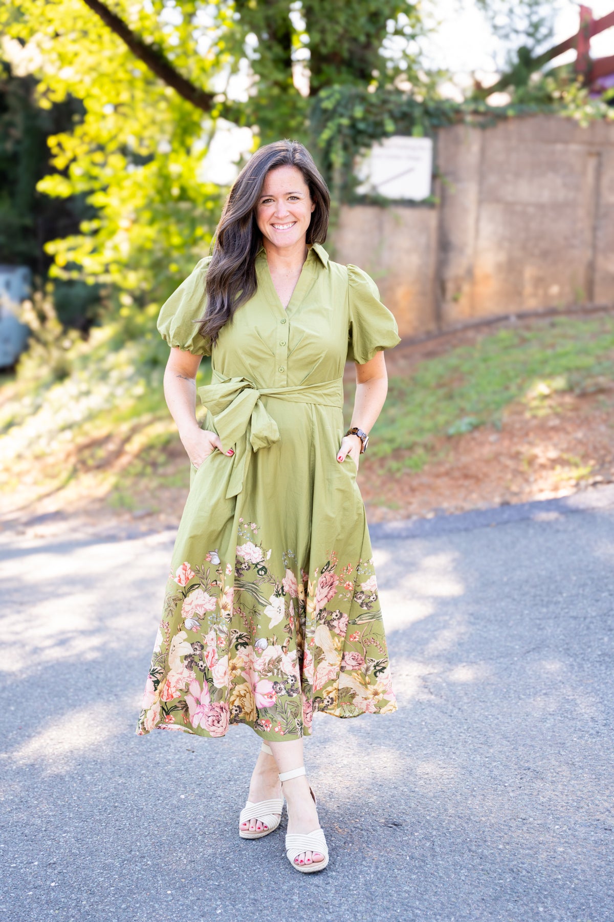 Olive Puff Sleeve Shirt Dress