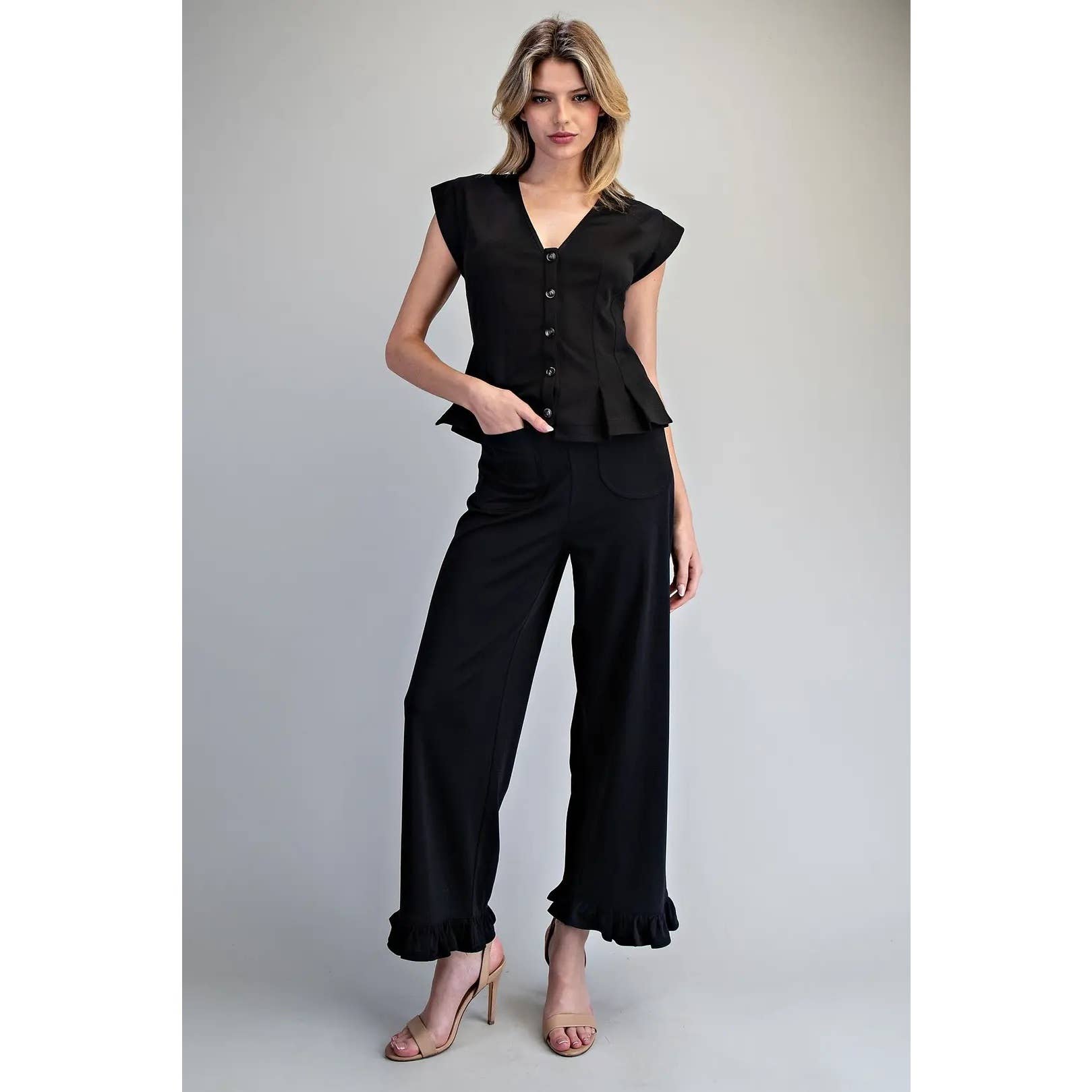 Ruffled Hem Black Pants