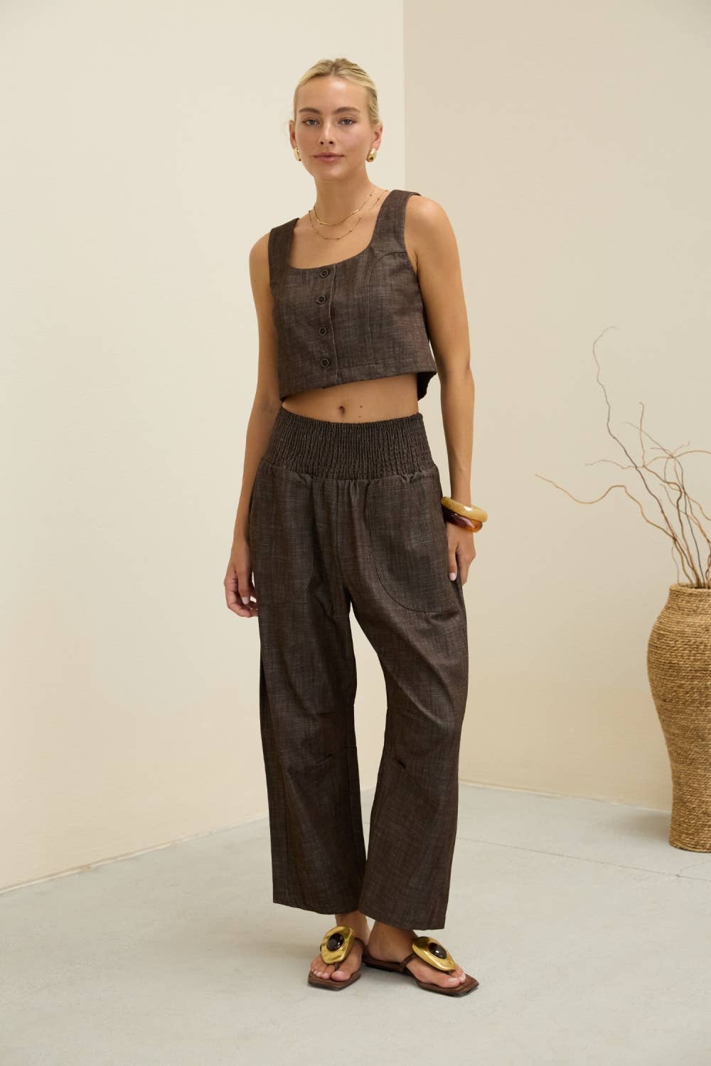 Smocked Waist Straight Leg Pants in Brown