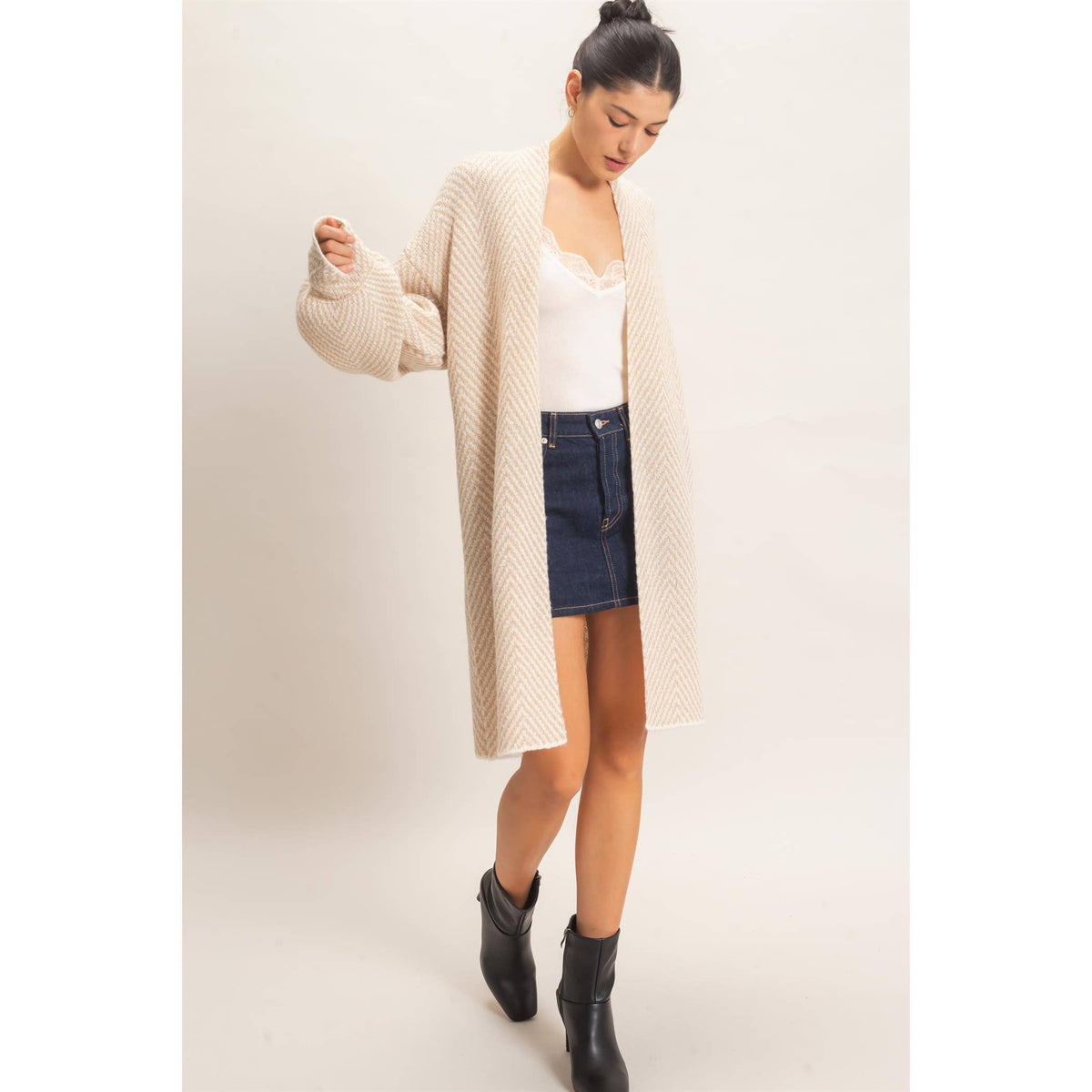 Taupe Herringbone Open-Front Cardigan