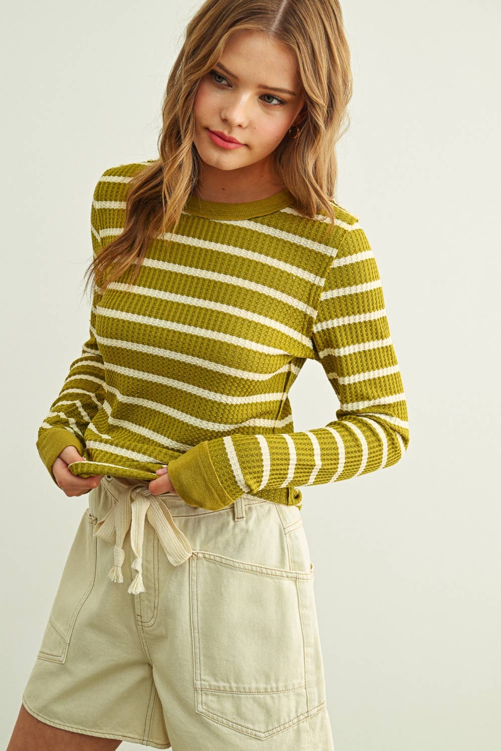 Green Olive Waffle Knit Top