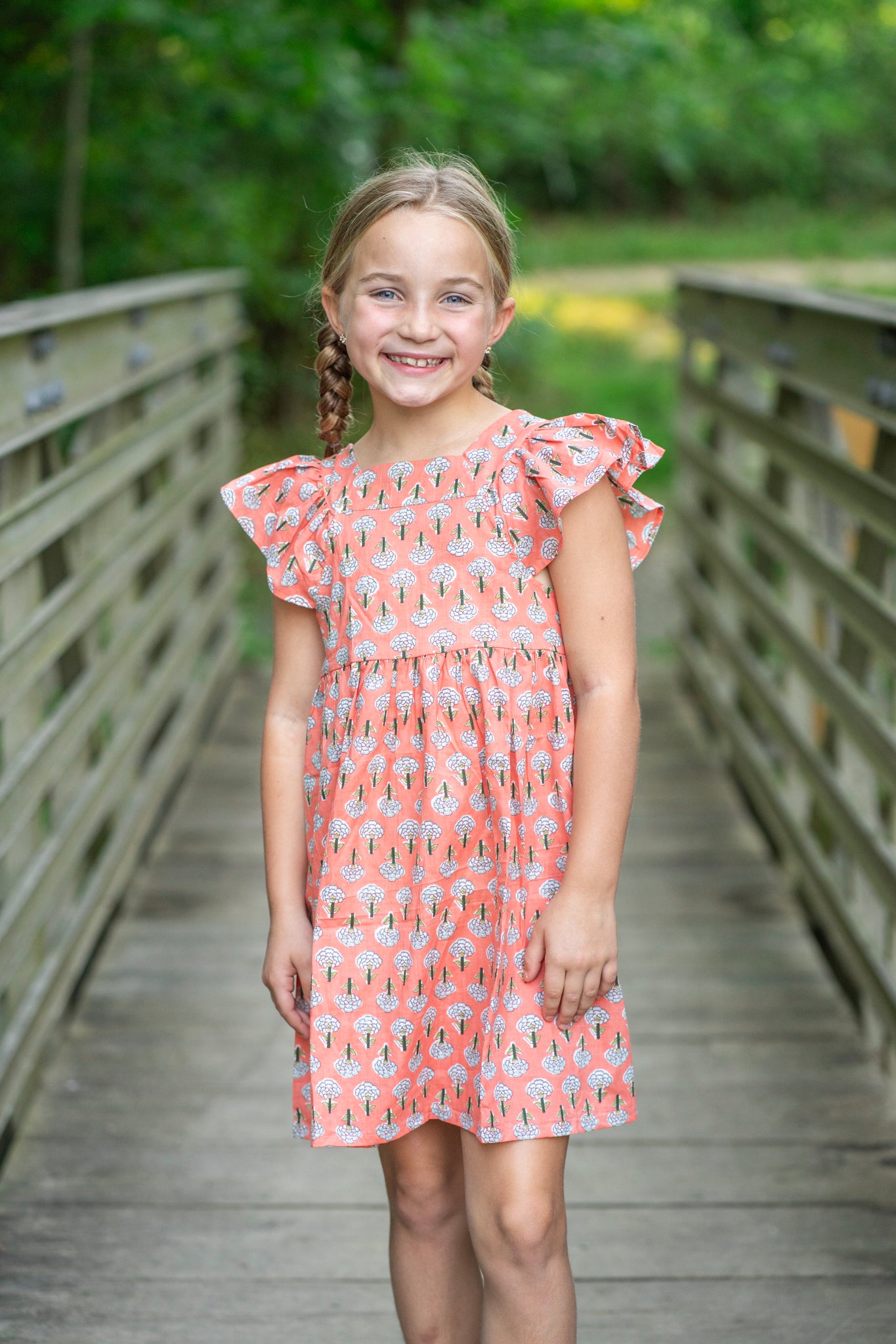 Girls Flutter Sleeve Dress - Peach Block Print