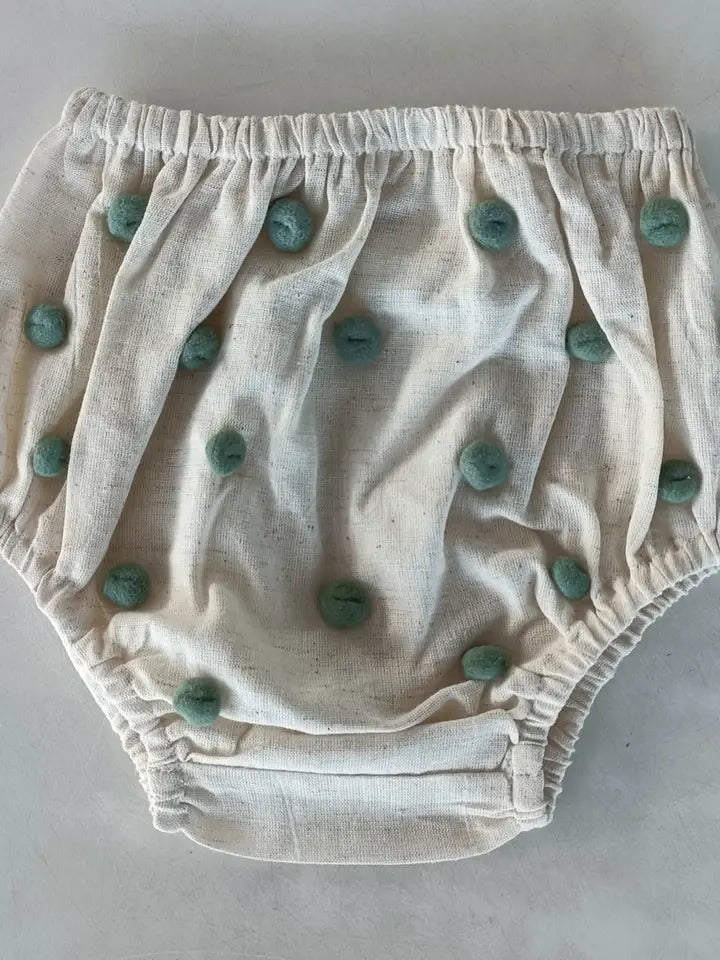 Ivory Color Diaper Cover with Sage-Green Color Pom-Pom