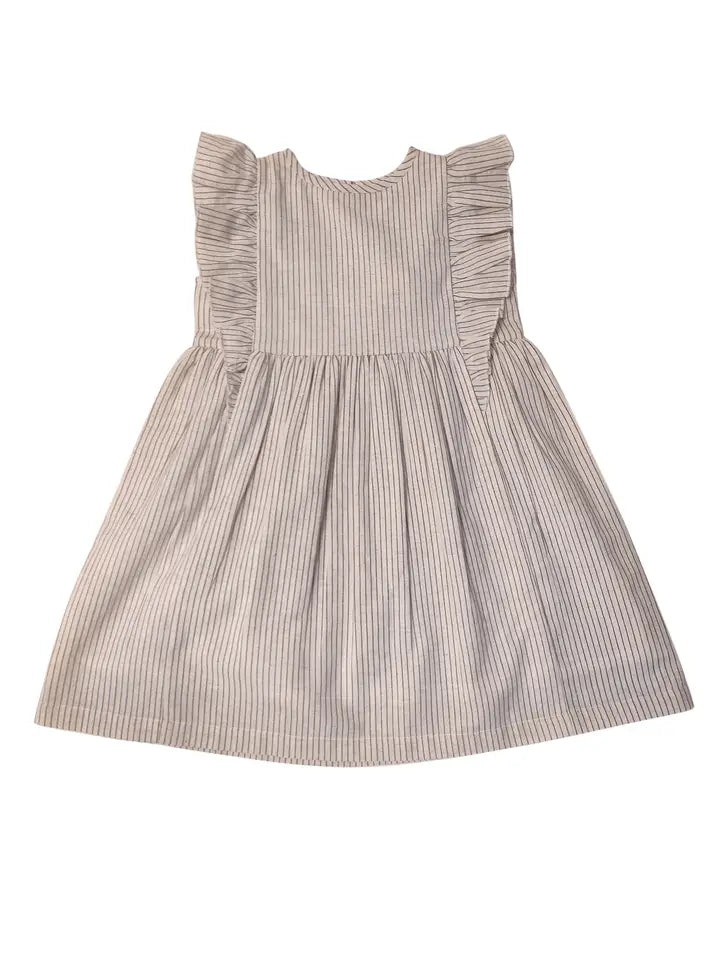 Ecru and Grey Pin Stripe Flutter Sleeves Dress Infant/Toddler