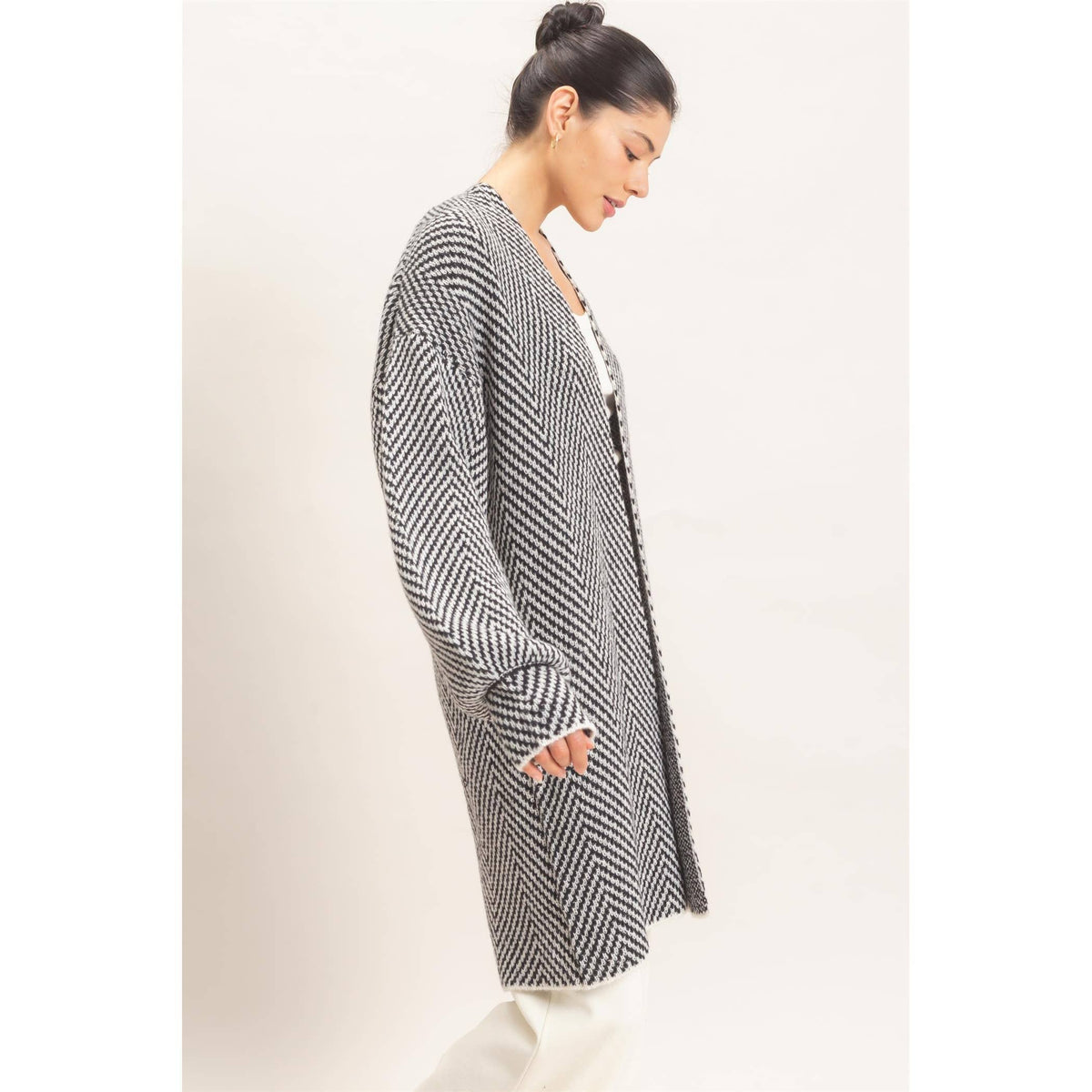Black Herringbone Open-Front Cardigan