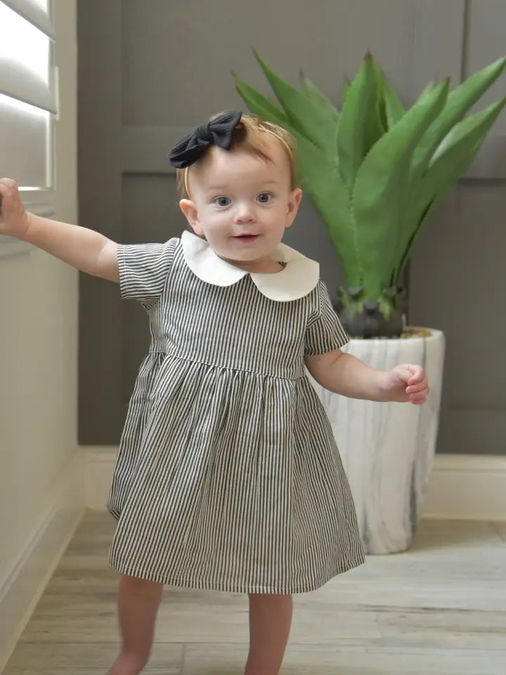 Grey Stripe Peter Pan Baby Dress w. Bloomer