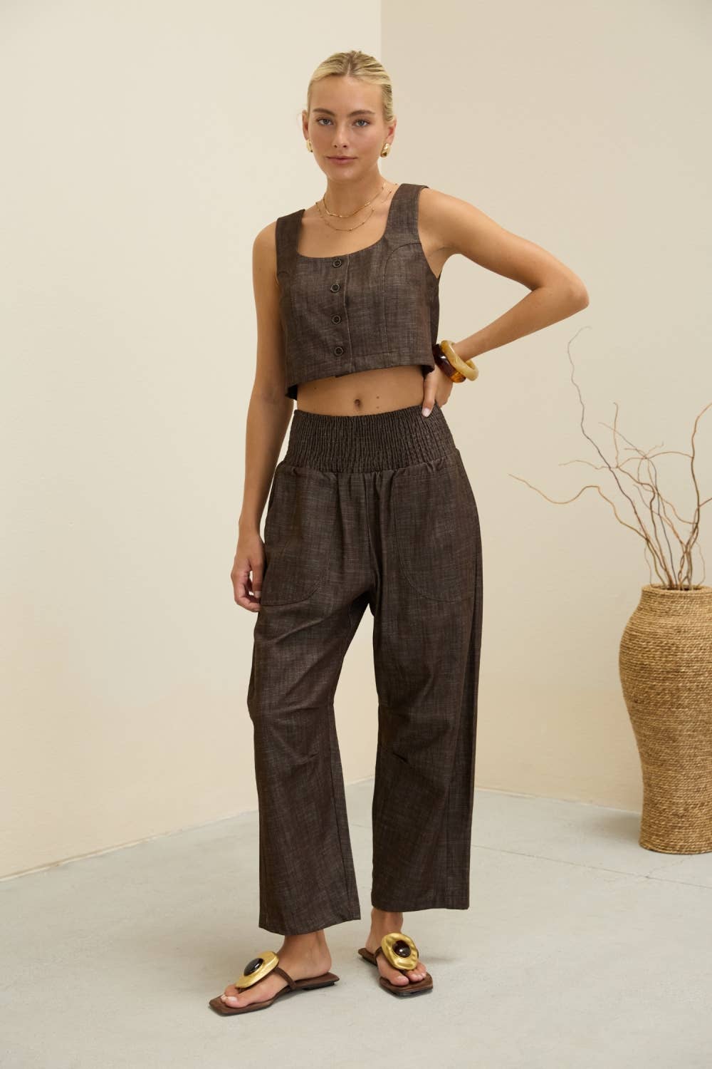 Smocked Waist Straight Leg Pants in Brown