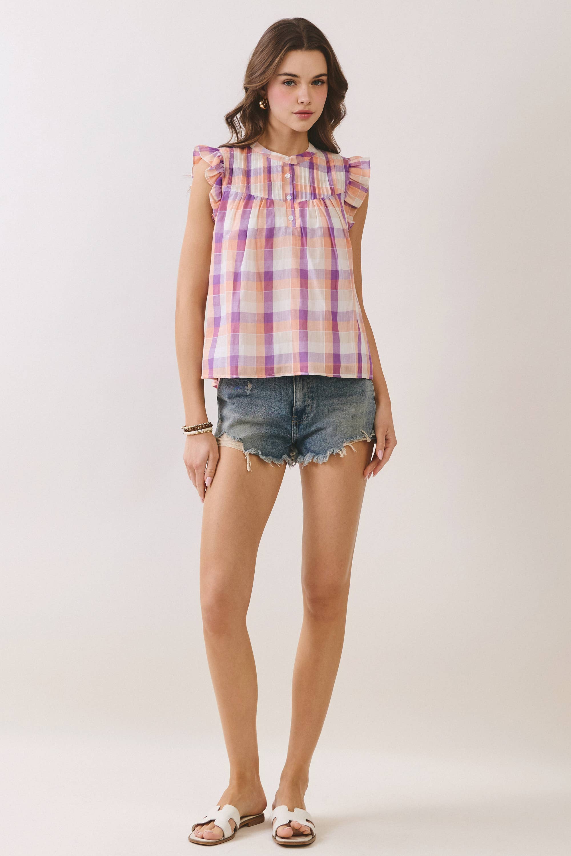 Peach Plaid Flutter Sleeve Top