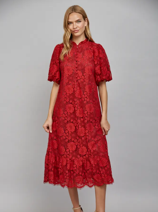 Red Lace Midi Dress
